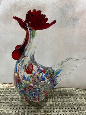 Handblown Glass Rooster Sculpture - Red Accent Home Art